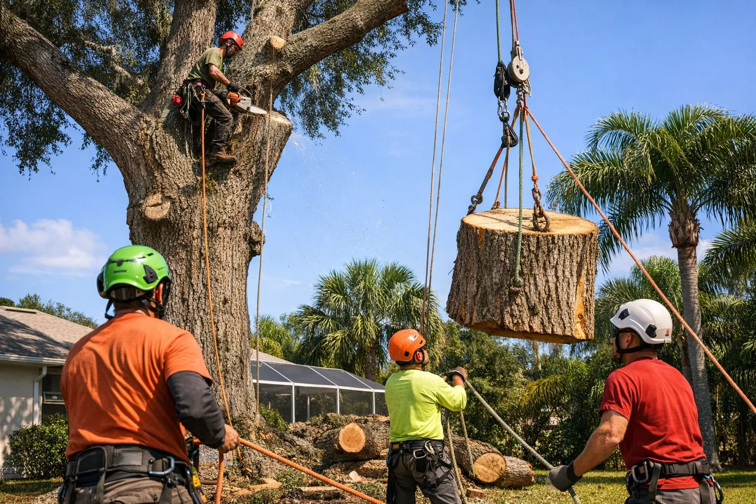 Tree crew removing a large oak in a Melbourne, Florida yard