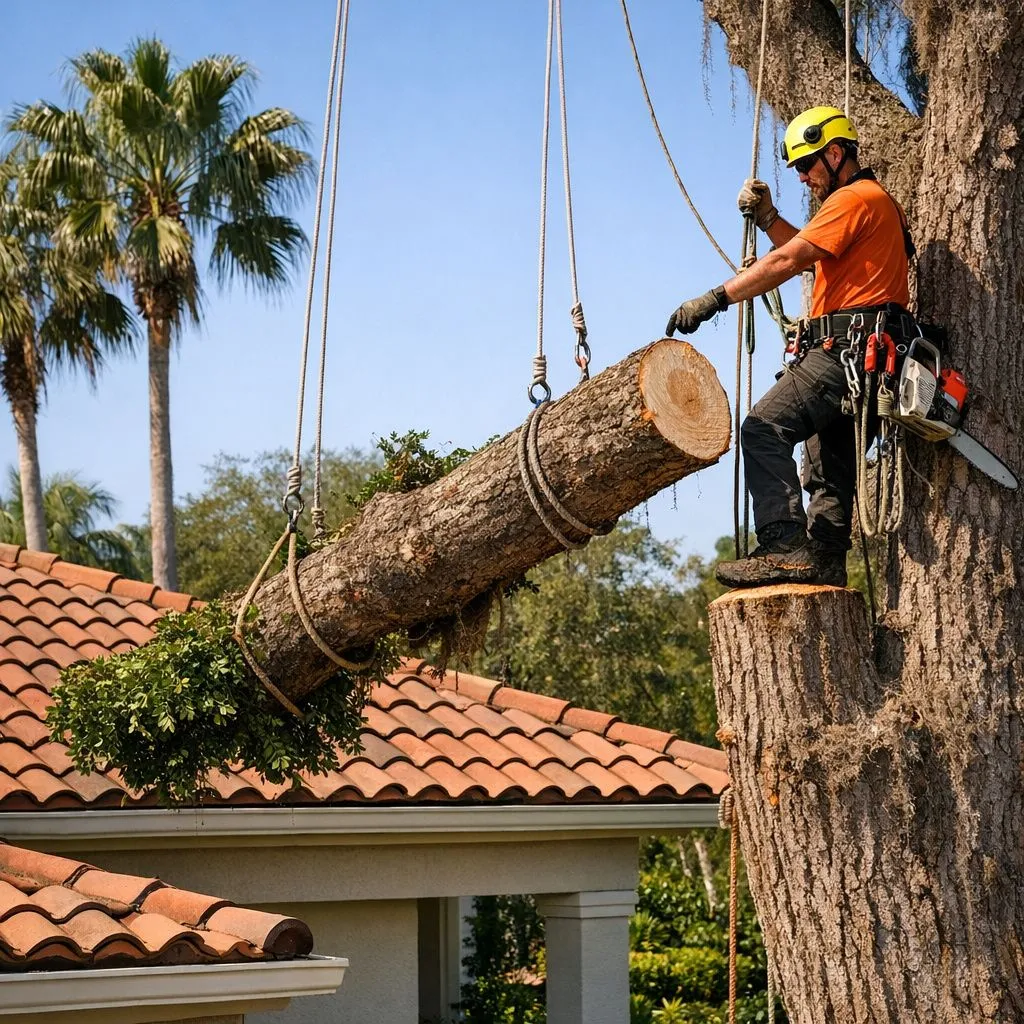 Sectional tree removal near a Melbourne home roofline