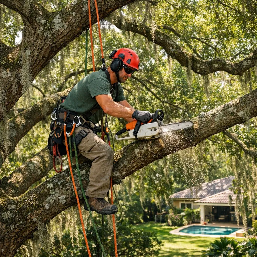 Professional pruning a mature oak canopy in Brevard County