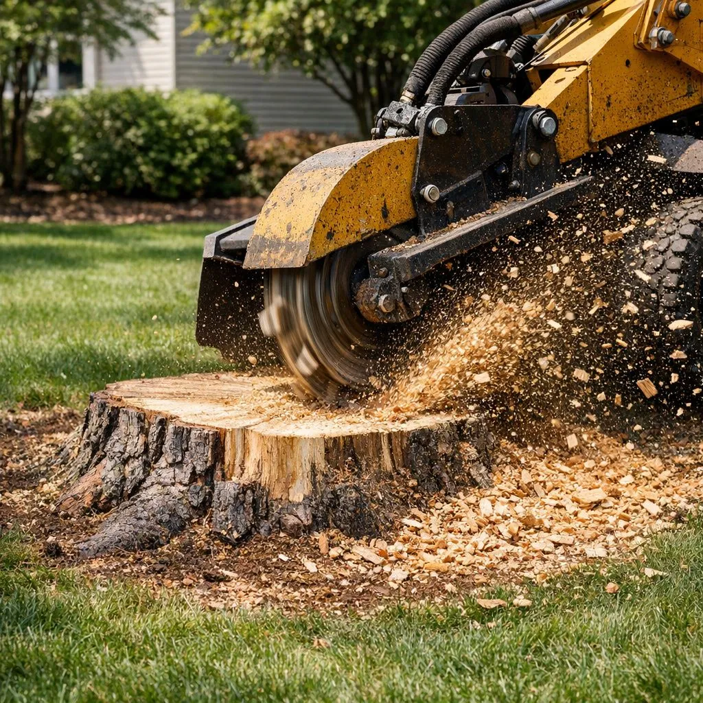 Stump grinder removing an old pine stump